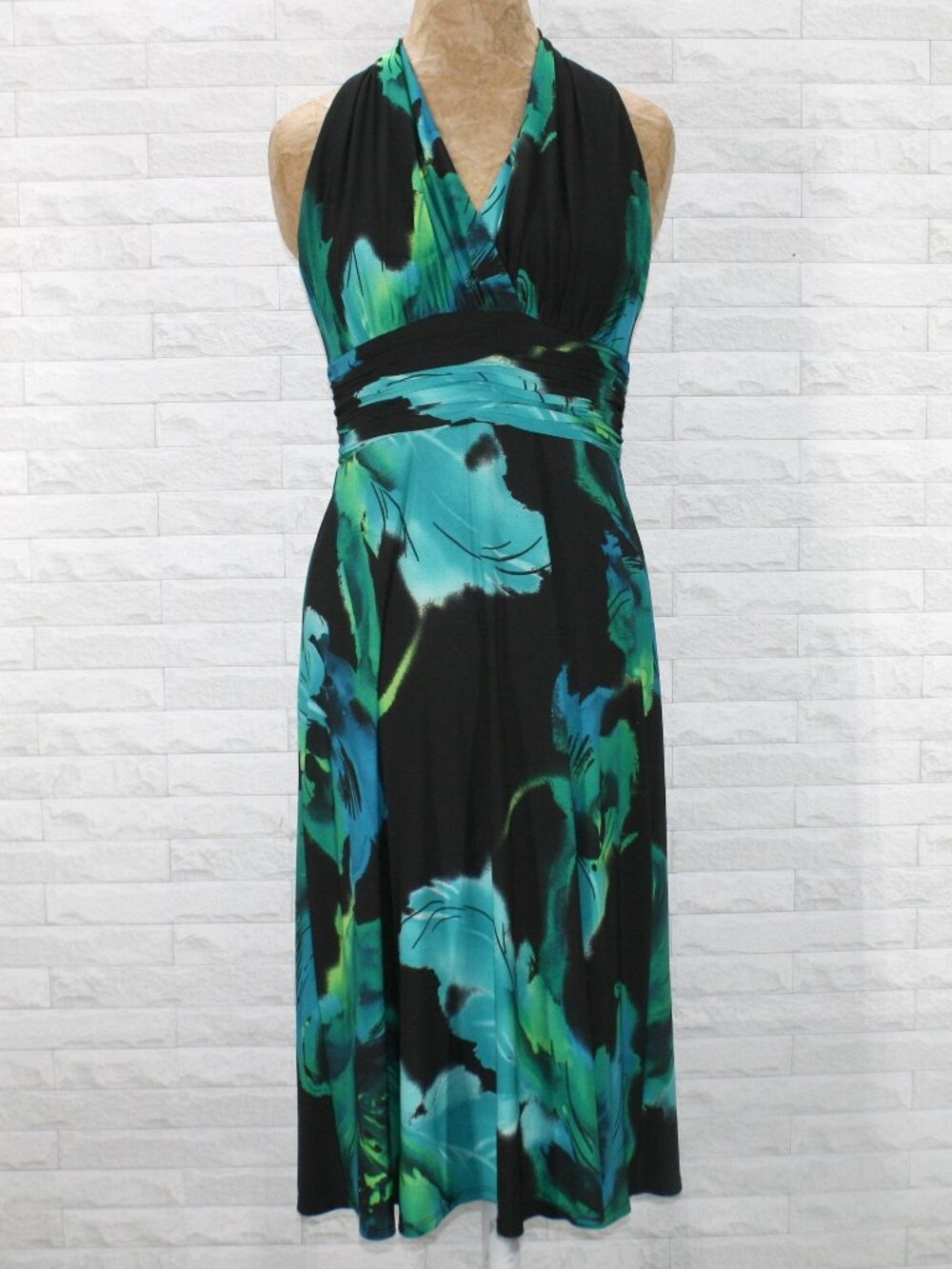 EVAN PICONE Dress Ruched Faux Halter Racerback Knit Soft Floral Blue Black 4